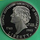 1993 S Thomas Jefferson 250th Proof Silver Dollar Commemorative  1 Coin Box Coa