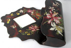 Vintage Floral Painted Wooden Hanging Wall Pocket Shelf With Beveled Mirror