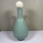 Vtg Mid Century Italian Style Crackle Glaze Decanter 11    Ringed Neck Aqua Teal