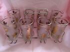 Vtg Mcm Libbey Gold Leaf Frosted Tumbler Glasses Bar Set Of 8 With Metal Caddy