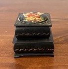 Vintage Russian Black Lacquer Wooden Double Deck Trinket Box Hand Painted Birds