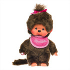 8  Large Monchhichi Doll - Classic Girl With Pink Bib - Authentic Monkey Plush