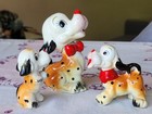 Vintage Ceramic Spotted Dog Chain Family - Red Bow Japan Kitsch - Mom   Puppies