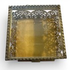 Vintage Gold Tone Ormolu Filigree Beveled Glass Foot Trinket Box Jewelry Casket