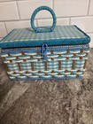 Vintage Wicker  Sewing Basket With Vintage Sewing Supplies  Blue  Brown    Cream