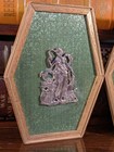 W  King Ambler Brass Seasons Framed Plaques Pair Hexagonal Green Fabric 8x6 Vtg