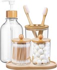 5 Pack Bamboo Bathroom Accessories Set With Tray - Plastic Soap Dispenser Cle   