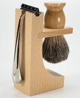 Vintage Style Shaving Set Metal Handle Trac 2 Razor Badger Brush Wood Stand