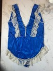 Vintage 1980s Electric Blue Satin   Ruffled Lace Teddy Bodysuit