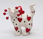 Ceramic White Cat With Red Hearts Ornament  Home D  cor  Gift For Her  Galentine 