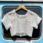 Antique Corset Cover Floral Crochet Short Sleeve Ruffle Hem Pink Silk Satin Bows