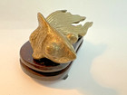 Vintage Brass Fan-tail Goldfish koi Figurine With Wooden Stand-hong Kong-vg