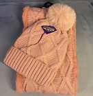 Womens Pink Winter Cable Knit Pom Beanie Hat   Infinity Scarf Set