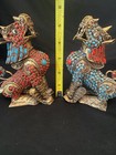 2 Vtg Chinese Foo Dog Lion Brass Turquoise Stone Red Coral Incense Burner Figure