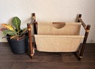 Vtg 1970s Mcm Rattan Wood Magazine Rack Burlap Canvas Sling Boho Mid Century