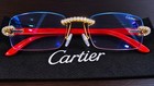Cartier Rimless Rectangle Eyeglass Frames Red Temples Gold Tone Accents
