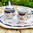 Porcelain Vanity Dresser Set 4 Pc Oval Tray Creamer Lidded Jars Navy Pink Gold