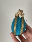 Vintage Dual Sided Pin Cushion Round Blue Velvet   Flowers With Gold Tone Ring
