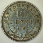1941 C Newfoundland Silver 10 Cents Almost Uncirculated Canada Ten Cent Coin 10c