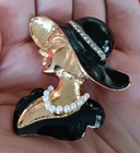Vintage Style Art Deco Lady Enamel   Crystal Brooch Pin Gold Tone