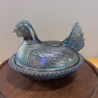 Vtg Indiana Glass Blue Carnival Glass Hen On Nest Iridescent Beaded Dish 6 
