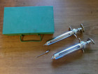 2 Vintage Large Metal Plunger Veterinary Syringes In Metal Box 20 Cc   40 Cc