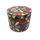 Vintage Round Marble Stone Wood Mosaic Inlay Trinket Box Blue Terracotta Floral