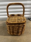 Vintage Mcm Wicker Woven Picnic Basket With Handle Lid   2 Wine Bottle Holders