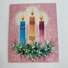 Vintage Mid Century Christmas Greeting Card Gold Blue Pink Candles Background