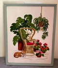 Vintage 1977 Sunset Designs Solarium Garden Cat Floral Embroidery17x23 Framed