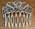 Vintage Scalloped Blue   Green Floral Toile Plastic Hair Comb 1970s France