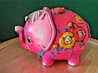 Vintage 1968  holiday Fair  Made In Japan Pink Floral Elephant Piggy Bank  6 5 