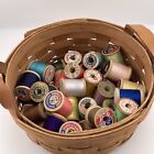 Three Dozen Vintage Wooden Spools Of Silk And Cotton Thread Longaberger Basket