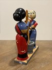Vtg Handmade Lacquered Wood Two Channapatna Women Pounding Mortar Dolls Figures