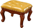 Vintage Style Carved Small Leather Ottoman Footstool Solid Wood Living Room