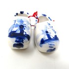 2 Delft Wooden Shoes Ornament Ceramic Dutch Blue Clogs Red Ribbon 2 Inches