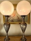 Pair Vintage Mid Century Tall Hand Engraved Etched Brass Vase Globe Table Lamps