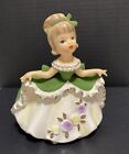 Vintage Relpo Planter Green Gold Trim Petticoat Curtsy Girl Ceramic Made Japan