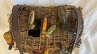 Antique Fishing Creel Basket With 25 Vintage Fishing Lures