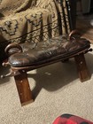 Antique Vtg Wood Camel Saddle Stool W  Leather Seat Pad And Brass Inlay