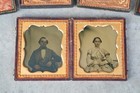 Antique Civil War Era Double Ambrotype Portrait Case Woman Child Gentleman Vtg