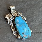 Signed Navajo Ornate Turquoise Pendant Sterling Silver Vintage L3