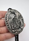 Vintage Navajo Sterling Silver Detailed Deep Stamped Floral Oval Bolo Tie 2 5 
