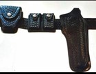 Vtg Safety Speed Clamshell Holster Set Black Basketweave Leather S w 6  Belt 34