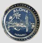 Vintage Hawaii Metal Souvenir Coasters Set Of 2 Aloha Surfer Beach Made In Japan