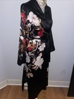 Womans Satin Asian Floral Black Maxi Kimono Robe duster Boho Chic Layer Silky
