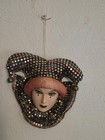 Jester Harlequin Wall Mask Ceramic Face Sequin Hat Bells Mardi Gras Home Decor