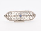 14k White Gold Vintage Art Deco Filigree Bar Pin With Blue Stone Brooch