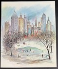 Vintage Greeting Card Christmas Winter City Scene Skyscraper Ice Skater   Unused
