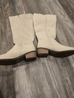 Women   s Beige Knee High Faux Suede Zip Boots Almond Toe Block Heel Sz 9